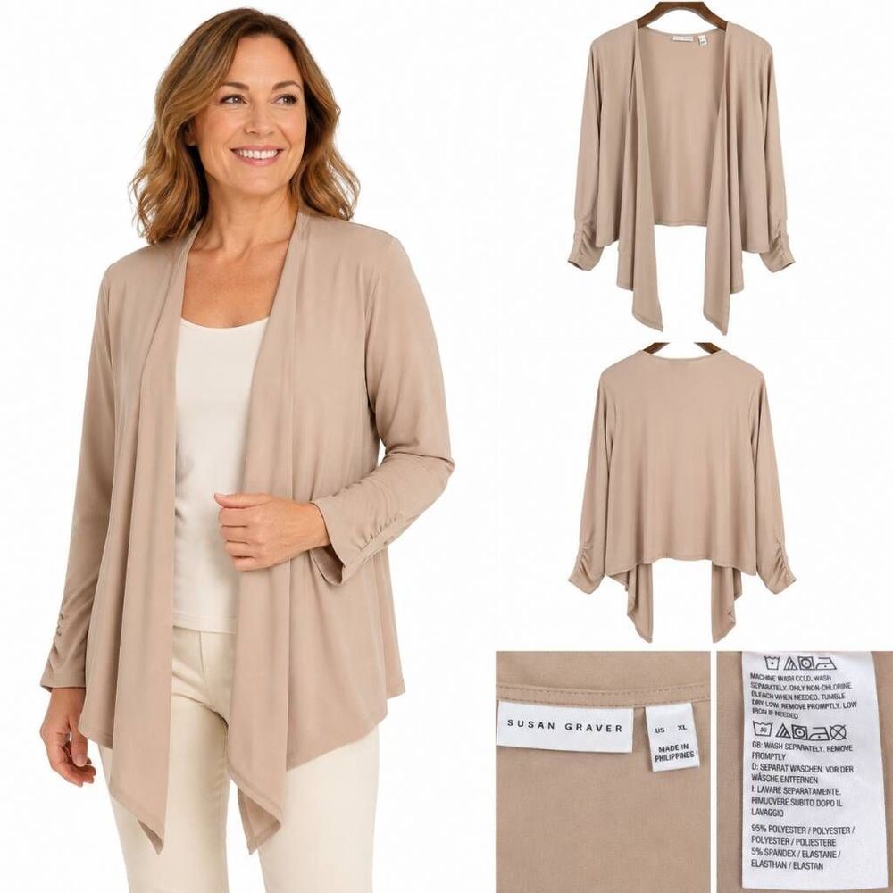 Susan Graver XL Beige Open Front Draped Cardigan